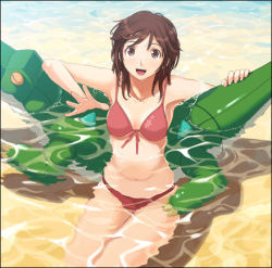 Rule 34 | 1girl, :d, amagami, bikini, brown eyes, brown hair, front-tie top, inflatable toy, lowres, navel, open mouth, partially submerged, red bikini, sakurai rihoko, short hair, sitting, smile, solo, swimsuit, teeth, thighs, tongue, water