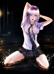 Rule 34 | arms behind back, arms up, breasts, kneeling, long hair, necktie, open clothes, open shirt, plaid, plaid skirt, purple eyes, purple hair, shirt, skirt, spread legs, tongue, wet
