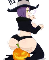 Rule 34 | 1girl, ass, between buttocks, blair (soul eater), boots, breasts, butt crack, fur trim, hat, heart, high heel boots, high heels, highres, huge ass, jack-o&#039;-lantern, jacket, jinu (jinusenpai), large breasts, looking at viewer, purple hair, short hair, smile, solo, soul eater, thick thighs, thigh boots, thighhighs, thighs, witch hat, yellow eyes