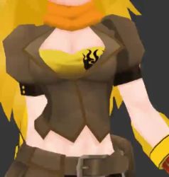 Rule 34 | 10s, 1girl, 3d, animated, armor, belt, black pants, blonde hair, bouncing, bouncing breasts, breasts, brown belt, brown jacket, cleavage, clipping, crop top, dainapp, artistic error, female focus, gif artifacts, grey background, head out of frame, hip focus, interpolated, jacket, large breasts, long hair, midriff, ms901, orange scarf, pants, puffy sleeves, resized, rwby, scarf, shirt, short sleeves, simple background, solo, swaying, third-party edit, vambraces, video, walking, wide hips, yang xiao long, yellow shirt