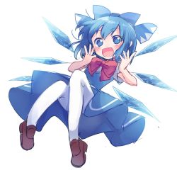 Rule 34 | 1girl, :d, blue dress, blue eyes, blue hair, blush, bow, bowtie, brown footwear, cirno, dress, dress shirt, full body, hair between eyes, hair bow, highres, ice, ice wings, looking at viewer, open mouth, pantyhose, pinafore dress, red bow, red bowtie, shirt, shoes, short hair, short sleeves, simple background, sleeveless dress, smile, solo, touhou, white background, white pantyhose, white shirt, wings, xox xxxxxx