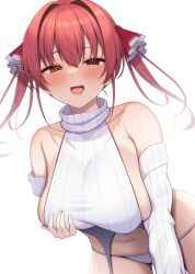Rule 34 | 1girl, absurdres, blush, breasts, cleavage, fang, grabbing own breast, hair between eyes, heterochromia, highres, hololive, houshou marine, large breasts, leaning forward, long hair, long sleeves, looking at viewer, meme attire, navel, open mouth, red eyes, simple background, skin fang, smile, solo, suzutarou gunsou, sweater, turtleneck, turtleneck sweater, twintails, virgin destroyer sweater, virtual youtuber, white background, white sweater, yellow eyes