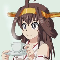 Rule 34 | 10s, 1girl, ahoge, animated, animated gif, blush, cup, double bun, drinking, drooling, ecstasy, foodgasm, green background, hair bun, hairband, head rest, headgear, heart, heart-shaped pupils, kantai collection, kongou (kancolle), lewdamone, mouth drool, nontraditional miko, plate, simple background, solo, steam, symbol-shaped pupils, teacup, upper body