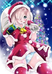 Rule 34 | 1girl, aka kitsune, alternate costume, bell, blue panties, capelet, christmas tree, gift, gloves, grey hair, hair ornament, hair over one eye, hairclip, hamakaze (kancolle), hat, jingle bell, kantai collection, looking at viewer, open mouth, panties, pom pom (clothes), red gloves, red thighhighs, sack, santa costume, santa hat, smile, solo, thighhighs, underwear