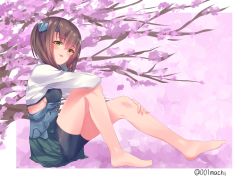 Rule 34 | 001machi, 1girl, absurdres, arms on knees, bad id, bad twitter id, barefoot, bike shorts, bow (weapon), brown eyes, brown hair, cherry blossoms, commentary request, crossbow, flat chest, full body, grey skirt, headgear, highres, kantai collection, muneate, no nose, one-hour drawing challenge, pleated skirt, short hair, sitting, skirt, solo, taihou (kancolle), twitter username, weapon
