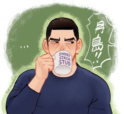 Rule 34 | 1boy, black eyes, black hair, blue sweater, blush, buzz cut, coffee mug, cup, drinking, english text, golden kamuy, highres, holding, holding cup, looking to the side, male focus, mug, pectorals, pocketbee, short hair, sideburns, solo, sweater, thick eyebrows, toned, toned male, tsukishima hajime, upper body, very short hair