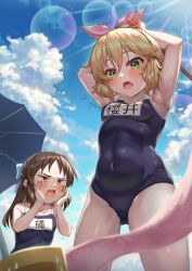 Rule 34 | 1boy, 2girls, armpits, arms up, beach umbrella, belly, blonde hair, blue bow, blue one-piece swimsuit, blue sky, blush, bow, breasts, brown hair, commentary request, constricted pupils, covered navel, day, green eyes, hair between eyes, hair bow, hair ribbon, half-closed eyes, holding, holding stick, idolmaster, idolmaster cinderella girls, katsusandoc3, long hair, looking at another, multiple girls, name tag, one-piece swimsuit, open mouth, outdoors, p-head producer, producer (idolmaster), red ribbon, ribbon, sakurai momoka, school swimsuit, short hair, shouting, sidelocks, sky, small breasts, stick, sunlight, surprised, sweat, swimsuit, tachibana arisu, thighs, umbrella, v-shaped eyebrows, wavy hair, wet