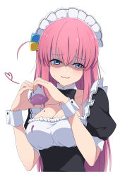 1girl absurdres alternate_costume blush bocchi_the_rock! breasts cleavage commentary cube_hair_ornament enmaided gotoh_hitori gotoh_hitori_(tsuchinoko) hair_ornament heart heart_hands highres large_breasts long_hair maid maid_headdress nishizuki_shino one_side_up pink_hair sidelocks simple_background smile solo upper_body wavy_mouth white_background