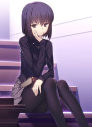 Rule 34 | 1girl, black eyes, black pantyhose, book, book on lap, head rest, jewelry, kuonji alice, looking at viewer, mahou tsukai no yoru, necklace, pantyhose, short hair, sitting, sitting on stairs, skirt, solo, stairs, type-moon, yangsion
