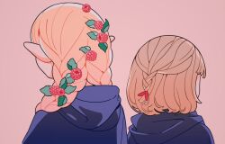 Rule 34 | 2girls, blonde hair, blue robe, braid, brown hair, commentary, dungeon meshi, english commentary, falin touden, falin touden (tallman), food, from behind, fruit, highres, hooded robe, long hair, marcille donato, medium hair, meyoco, multiple girls, pink background, pointy ears, raspberry, robe, simple background, upper body