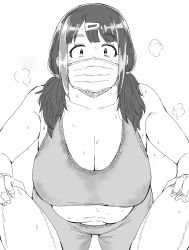Rule 34 | 1girl, puff of air, absurdres, blush, breasts, character request, cleavage, copyright request, feet out of frame, greyscale, hair ornament, hair over shoulder, hairclip, highres, imminent penetration, kaiman garupan, large breasts, leaning forward, looking at viewer, mask, monochrome, mouth mask, navel, pants, plump, sidelocks, simple background, solo focus, sports bra, steam, steaming body, surgical mask, sweat, sweatpants, tareme, thighs, twintails, white background