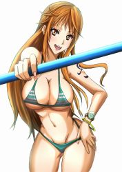 Rule 34 | 1girl, bare arms, bare shoulders, bikini, breasts, brown eyes, cleavage, curvy, large breasts, long hair, looking at viewer, nami (one piece), navel, one piece, orange hair, simple background, smile, solo, stomach, swimsuit, thick thighs, thighs, underboob, upper body, white background, wide hips