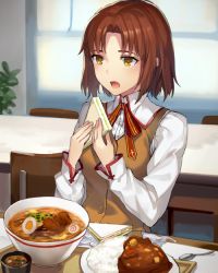 Rule 34 | 1girl, bow, bowl, bowtie, brown hair, chair, curry, curry rice, fate/stay night, fate (series), female focus, food, holding, homurahara academy school uniform, mitsuzuri ayako, momoko (momopoco), noodles, open mouth, ramen, rice, sandwich, school uniform, short hair, sitting, solo, spoon, table, vest, yellow eyes