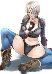 Rule 34 | 1girl, angel (kof), ass, belt, black gloves, blue eyes, blue thighhighs, boots, breasts, butcha-u, cleavage, fingerless gloves, gloves, grey hair, grin, hair over one eye, highres, looking at viewer, navel, short hair, sitting, smile, snk, solo, spread legs, the king of fighters, thighhighs