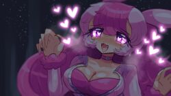 Rule 34 | 1girl, :3, :d, animal ears, blush, breasts, choker, cleavage, drooling, fang, fur-trimmed sleeves, fur trim, furrowed brow, hands up, heart, heart-shaped pupils, large breasts, long hair, long sleeves, lovander, murasakigezi, naughty face, nose blush, open mouth, palworld, personification, pink choker, pink hair, purple eyes, saliva, smile, solo, sweat, symbol-shaped pupils