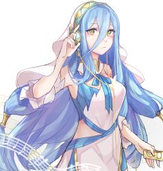 Rule 34 | 1girl, alternate costume, azura (fire emblem), bare shoulders, blue dress, blue hair, blue ribbon, blush, breasts, casual, closed mouth, commentary, contemporary, detached collar, detached sleeves, digital media player, dress, english commentary, fire emblem, fire emblem fates, fire emblem heroes, hair between eyes, hair ornament, hair tubes, headphones, highres, jackii, long hair, medium breasts, multicolored clothes, musical note, neck ribbon, nintendo, ribbon, simple background, sleeveless, sleeveless dress, solo, veil, very long hair, white background, white dress, white headwear, white sleeves, white veil, yellow eyes