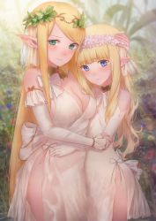 Rule 34 | 2girls, absurdres, asaba0327, bad id, bad twitter id, bare shoulders, blonde hair, blue eyes, blunt bangs, blurry, blush, breasts, cleavage, cowboy shot, crying, crying with eyes open, day, depth of field, detached sleeves, dress, elbow gloves, elf, flat chest, flower, flower wreath, gloves, green eyes, hand on another&#039;s head, head tilt, highres, hug, large breasts, long hair, looking at viewer, multiple girls, original, outdoors, parted lips, pointy ears, side slit, sidelocks, swept bangs, tears, very long hair, white dress, white gloves, wreath