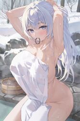 Rule 34 | 1girl, armpits, arms behind head, arms up, bare shoulders, blue eyes, blush, breasts, bucket, cleavage, collarbone, from side, groin, hair tie, hair tie in mouth, highres, large breasts, legs, long hair, looking at viewer, mouth hold, naked towel, navel, onsen, original, outdoors, see-through, see-through towel, sg (satoumogumogu), sideboob, sitting, snow, solo, steam, sweat, thighs, towel, towel over breasts, tree, tying hair, water, white hair, wooden bucket