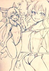 Rule 34 | 1girl, ass, breasts, commentary request, competition swimsuit, covered navel, d-m (dii emu), eyelashes, feet out of frame, greyscale, horns, ibuki suika, leg up, long hair, looking at viewer, monochrome, multiple views, one-piece swimsuit, oni horns, small breasts, standing, standing on one leg, swimsuit, touhou, traditional media
