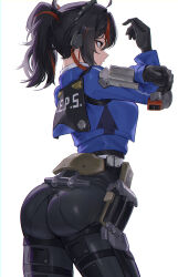 Rule 34 | 1girl, absurdres, ahoge, ass, black gloves, black hair, black pantyhose, blue jacket, breasts, closed mouth, clothes writing, commentary, cowboy shot, earpiece, from behind, gloves, hair between eyes, hair ornament, handlebar, high-waist pants, highres, holster, jacket, large breasts, long hair, looking ahead, multicolored hair, orange eyes, orange hair, pants, pantyhose, police, police uniform, policewoman, ponytail, profile, sasa (sasa ekakiman), sidelocks, simple background, solo, streaked hair, stretching, thigh holster, tight clothes, tight pants, white background, zenless zone zero, zhu yuan