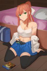 Rule 34 | 1girl, bad id, bad twitter id, bed, bed sheet, bedroom, black thighhighs, blue skirt, brown hair, camisole, commission, controller, doki doki literature club, doom (series), feet, game console, green eyes, highres, jewelry, long hair, looking at viewer, midriff, monika (doki doki literature club), navel, necklace, no shoes, on floor, over-kneehighs, pillow, ponytail, ribbon, sedai, shirt, sidelocks, sitting, skirt, solo, stomach, strap slip, thighhighs, thighs, wariza, white camisole, white ribbon, white shirt, wooden floor, zettai ryouiki