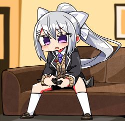 Rule 34 | 1girl, black jacket, blazer, blush, bow, brown cardigan, brown footwear, cardigan, collared shirt, commentary request, controller, couch, full body, game controller, grey skirt, hair between eyes, hair bow, hair ornament, hairclip, high ponytail, higuchi kaede, higuchi kaede (1st costume), holding, indoors, jacket, kanikama, kneehighs, loafers, long hair, long sleeves, lowres, mole, mole under eye, necktie, nijisanji, on couch, open clothes, open jacket, open mouth, ponytail, purple eyes, purple necktie, school uniform, shirt, shoes, silver hair, sitting, skirt, socks, solo, very long hair, virtual youtuber, white bow, white shirt, white socks