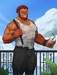 Rule 34 | 1boy, abs, absurdres, bara, bare shoulders, beard, belt, bracelet, cup, drinking straw, facial hair, fate/grand order, fate/zero, fate (series), glasses, highres, iskandar (fate), jewelry, large pectorals, looking at viewer, male focus, manly, muscular, pants, pectorals, red hair, sky, smile, solo, tank top, teeth, traver009, veins