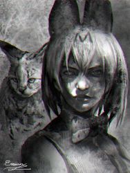 Rule 34 | 10s, 1girl, animal, animal ears, artist name, bow, bowtie, chromatic aberration, emuson, greyscale, kemono friends, lips, looking at viewer, monochrome, nose, portrait, realistic, serval, serval (kemono friends), short hair, signature, solo, upper body