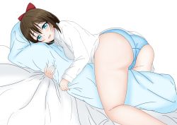 Rule 34 | 1girl, absurdres, aqua eyes, aqua panties, artist name, artist request, bare legs, bed, blue eyes, blush, bow, breasts, brown hair, collared shirt, female focus, from behind, hair between eyes, hair bow, half updo, high ponytail, highres, holding, holding pillow, long hair, long sleeves, looking at viewer, looking back, love live!, love live! nijigasaki high school idol club, on bed, osaka shizuku, panties, parted lips, pillow, ponytail, red bow, shirt, sideboob, small breasts, smile, solo, underwear, underwear only, white background, white shirt, wing collar