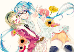 Rule 34 | 2girls, aqua eyes, aqua hair, bespectacled, casual, flower, glasses, green eyes, green hair, grin, gumi, hair ornament, hairband, hairclip, hatsune miku, highres, long hair, looking at viewer, multiple girls, open mouth, short hair, shorts, sleeves rolled up, smile, twintails, v, very long hair, vient, vocaloid
