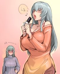 Rule 34 | 00s, 2girls, bare shoulders, blush, bra strap, breasts, cleavage, clone, eating, ehoumaki, closed eyes, food, hand on own hip, hip focus, hyougintou, large breasts, lips, long hair, makizushi, multiple girls, musical note, aged up, open mouth, orange shirt, red eyes, rozen maiden, sexually suggestive, shirt, siblings, silver hair, sisters, suigintou, sushi, sweater, translation request, tsuda nanafushi, turtleneck