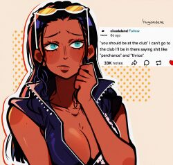 Rule 34 | 1girl, absurdres, artist name, blue eyes, blue jacket, breasts, cleavage, closed mouth, commentary, english commentary, english text, eyewear on head, hair slicked back, highres, huyandere, jacket, long hair, looking up, nico robin, one piece, orange-tinted eyewear, sidelocks, sleeveless, sleeveless jacket, solo, tinted eyewear, upper body