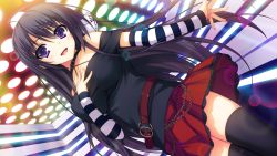 Rule 34 | 1girl, ahoge, bare shoulders, belt, black hair, black thighhighs, chain, collar, collarbone, female focus, game cg, highres, indoors, long hair, looking at viewer, mizuno rin, open mouth, purple eyes, red skirt, reminiscence, skirt, smile, solo, straight hair, thighhighs, tigre soft, tomose shunsaku, zettai ryouiki