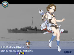 Rule 34 | 1girl, bad id, bad pixiv id, black shorts, blue eyes, blue footwear, boots, breasts, broken, brown hair, cannon, character name, closed mouth, copyright name, damaged, full body, heiyz, looking at viewer, machinery, magazine (weapon), medal, military, military vehicle, name connection, navel, object namesake, official art, photo background, sailor collar, samuel b roberts (warship girls r), sash, ship, shirt, short hair, short sleeves, shorts, small breasts, smokestack, solo, text focus, torn clothes, torpedo, turret, uss samuel b roberts (de-413), warship, warship girls r, watercraft, white shirt