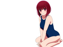 Rule 34 | 1girl, arima kana, barefoot, blue one-piece swimsuit, bob cut, breasts, inverted bob, medium breasts, negative space, one-piece swimsuit, oshi no ko, red eyes, red hair, school swimsuit, seiza, short hair, simple background, sitting, solo, swimsuit, user hdsm2884, v arms, white background