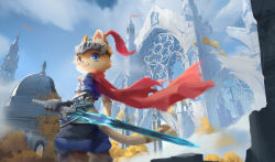 Rule 34 | 1boy, :3, aedbc, animal ear fluff, armor, blue eyes, building, cathedral, day, fantasy, from behind, furry, furry male, gauntlets, gloves, highres, holding, holding sword, holding weapon, looking back, male focus, original, outdoors, puffy shorts, reverse grip, scarf, shorts, solo, sword, weapon