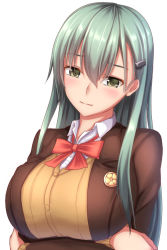 Rule 34 | 1girl, aqua eyes, aqua hair, ascot, blush, breast hold, breasts, brown legwear, brown skirt, cardigan, crossed arms, hair ornament, hairclip, jacket, kantai collection, large breasts, long hair, looking at viewer, open cardigan, open clothes, remodel (kantai collection), school uniform, skirt, smile, solo, suzuya (kancolle), tapisuke, upper body