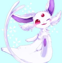 Rule 34 | :3, alternate color, alternate shiny pokemon, animal focus, bad id, bad pixiv id, banchiku, blue background, blush, claws, creatures (company), espeon, fangs, fluffy, forehead jewel, full body, game freak, gen 2 pokemon, happy, jpeg artifacts, looking at viewer, nintendo, no humans, one eye closed, open mouth, pawpads, pokemon, pokemon (creature), red eyes, simple background, smile, solo, spread legs, wink