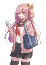 Rule 34 | 1girl, ;d, bag, black sailor collar, black skirt, black thighhighs, blush, bow, brown hair, cardigan, cellphone, commentary request, hair between eyes, hair ornament, hair ribbon, hairclip, highres, holding, holding phone, holding strap, long hair, long sleeves, looking at viewer, mahcdai, medium skirt, neckerchief, one eye closed, one side up, open cardigan, open clothes, open mouth, orange bow, orange ribbon, original, phone, pink cardigan, pleated skirt, purple eyes, red neckerchief, ribbon, sailor collar, school bag, school uniform, shirt, shoulder bag, sidelocks, simple background, skirt, smartphone, smile, solo, standing, thighhighs, v-shaped eyebrows, white background, white shirt