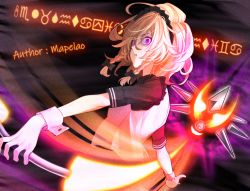Rule 34 | 1girl, alternate color, black background, black bow, blonde hair, bow, braid, hair bow, holding, holding weapon, izayoi sakuya, light rays, looking at viewer, m.u.g.e.n, medium hair, open mouth, red eyes, rion (glayjirobass), runes, shirt, short hair, short sleeves, side braids, solo, touhou, twin braids, upper body, weapon, white shirt, wrist cuffs