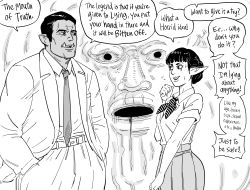 Rule 34 | 1boy, 1girl, audrey hepburn, bb (baalbuddy), belt, bocca della verita, collared shirt, commentary, dark-skinned male, dark skin, elf, english commentary, english text, gregory peck, greyscale, hair bun, hair slicked back, hands in pockets, highres, jacket, monochrome, neckerchief, necktie, open clothes, open jacket, orc, original, pants, parody, pleated skirt, pointy ears, roman holiday, shirt, short sleeves, single hair bun, skirt, smile, sweat, nervous sweating, tusks, wing collar
