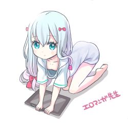Rule 34 | 1girl, all fours, bare legs, barefoot, blush, bow, commentary request, copyright name, drawing tablet, eromanga sensei, full body, hair bow, highres, izumi sagiri, long hair, looking at viewer, morimaiko, oversized clothes, red bow, shirt, short sleeves, silver hair, smile, solo, stylus, very long hair, white background, white shirt