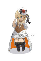 Rule 34 | 1girl, arm behind back, ascot, black footwear, blonde hair, boots, braid, brown corset, closed mouth, corset, dress, elena zao, eyebrows hidden by hair, final fantasy, final fantasy xiv, flat chest, flower, full body, green eyes, hair between eyes, hat, hat flower, hat ribbon, highres, knee boots, lalafell, looking at viewer, medium hair, mini hat, mini top hat, pointy ears, ribbon, signature, simple background, smile, solo, strapless, strapless dress, top hat, twin braids, warrior of light (ff14), white ascot, white background, white dress, white hat