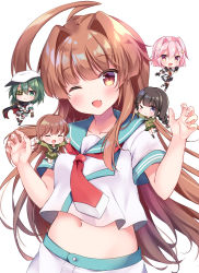 Rule 34 | 5girls, ahoge, aqua sailor collar, bad id, bad pixiv id, brown eyes, brown hair, chibi, commentary request, fang, highres, huge ahoge, kantai collection, kiso (kancolle), kitakami (kancolle), kuma (kancolle), long hair, looking at viewer, masayo (gin no ame), midriff, multiple girls, one eye closed, ooi (kancolle), open mouth, red eyes, sailor collar, school uniform, serafuku, short sleeves, shorts, simple background, skin fang, smile, solo focus, tama (kancolle), white background, white shorts