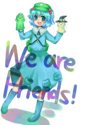 Rule 34 | 1girl, blue hair, boots, english text, female focus, hair bobbles, hair ornament, hat, kawashiro nitori, key, puppet, rubber boots, solo, touhou, twintails, two side up