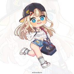 Rule 34 | 1girl, :d, artist name, ass, backwards hat, bag, bandaid, bandaid on face, bandaid on nose, bare shoulders, baseball cap, blonde hair, blue eyes, blue shorts, blunt bangs, blush, centi (nikke), centi (supreme holiday) (nikke), chibi, denim, denim shorts, duffel bag, goddess of victory: nikke, hand up, hat, highres, holding strap, jewelry, long hair, looking at viewer, necklace, off-shoulder shirt, off shoulder, official alternate costume, open mouth, see-through, see-through shirt, shirt, shoes, short shorts, shorts, smile, sneakers, socks, solo, sports bra, strap, teeth, upper teeth only, v, wheeskars, white footwear, white shirt, white socks, zoom layer