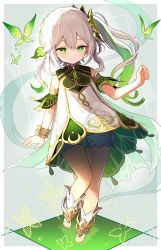 Rule 34 | 1girl, absurdres, bare shoulders, bloomers, blush, bug, butterfly, cape, chiroron, commentary request, cross-shaped pupils, detached sleeves, dress, full body, genshin impact, gradient hair, green butterfly, green cape, green hair, green sleeves, hair between eyes, hair ornament, hand up, highres, insect, long hair, multicolored hair, nahida (genshin impact), short sleeves, side ponytail, sidelocks, sleeveless, sleeveless dress, smile, solo, standing, stirrup footwear, symbol-shaped pupils, toeless footwear, underwear, white dress, white footwear, white hair