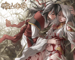 Rule 34 | 1boy, 1girl, blackbird, blackbird (shilin), blood, blood from mouth, blood on clothes, blood on face, carciphona, character name, closed mouth, comforting, crying, crying with eyes closed, death, dying, closed eyes, guro, injury, original, shilin, tears, thorns, veloce visrin, wallpaper, white hair