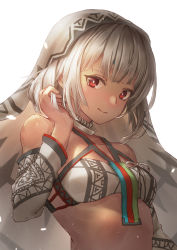 Rule 34 | 10s, 1girl, absurdres, altera (fate), bare shoulders, breasts, closed mouth, collarbone, commentary request, crop top, dark-skinned female, dark skin, detached sleeves, eyebrows hidden by hair, fate/extella, fate/extra, fate (series), hand in own hair, hand up, highres, kazuki seto, long sleeves, looking at viewer, red eyes, simple background, small breasts, solo, upper body, veil, white background, wide sleeves