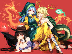 Rule 34 | 3girls, absurdres, antlers, bandana, bare shoulders, black hair, black wings, blonde hair, blue hair, blue nails, blue shirt, breast tattoo, breasts, cheek rest, cleavage, closed mouth, commentary request, cowboy hat, crossed legs, dragon tail, earrings, elbow rest, feathered wings, feathers, ghost, grabbing another&#039;s chin, hand on another&#039;s chin, hand on another&#039;s face, hand on another&#039;s head, haniyasushin keiki, hat, highres, horns, jewelry, kicchou yachie, kurokoma saki, large breasts, long hair, long sleeves, looking at viewer, lying, multiple girls, nail polish, off-shoulder shirt, off shoulder, on stomach, platform footwear, pointy ears, pout, raptor7, red background, red eyes, shirt, short hair, short sleeves, shoulder tattoo, sidelocks, sitting, sitting on person, sleeveless, spirit, tail, tattoo, touhou, white bandana, white neckwear, wide sleeves, wings